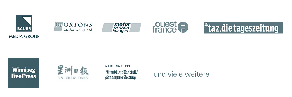 Diese Kunden vertrauen auf Amendo: Bauer Media Group, Mortons Media Group, Motor Presse Stuttgart, Ouest France, TAZ, Winnipeg Free Press, Sin Chew Daily, Straubinger Tagblatt/Landshuter Zeitung